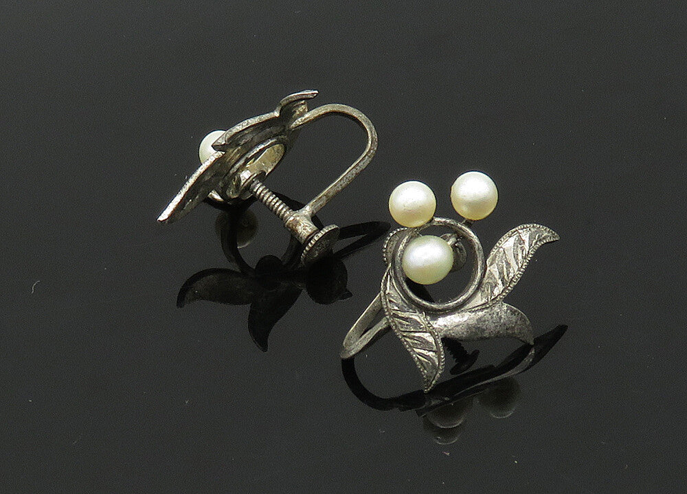 925 Silver  Vintage Antique Petite Pearls Floral Non Pierce Earrings  EG10389