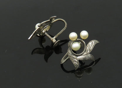 925 Silver  Vintage Antique Petite Pearls Floral Non Pierce Earrings  EG10389