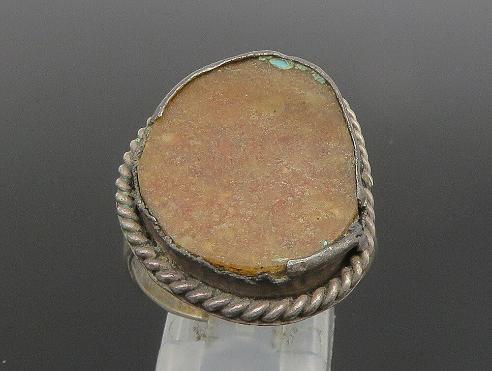 925 Silver  Vintage Inlaid Gemstone Rope Twist Border Ring Sz 10  RG24660