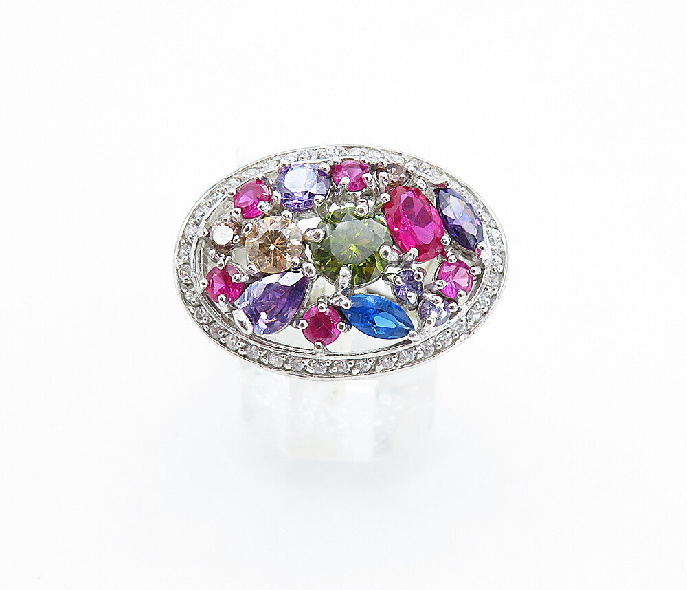 925 Sterling Silver Amethyst Topaz & Peridot Dome Cocktail Ring Sz 6 RG3632