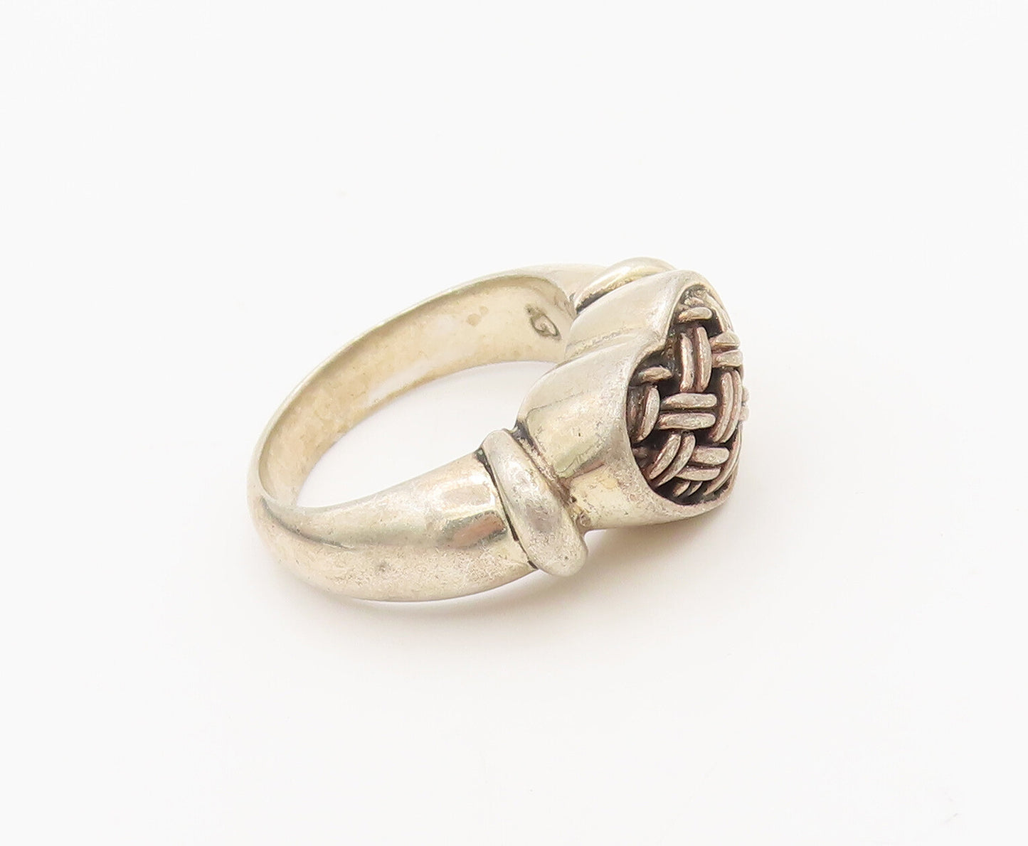 925 Sterling Silver  Vintage Brutalist Woven Carved Heart Ring Sz 7.5  RG27191