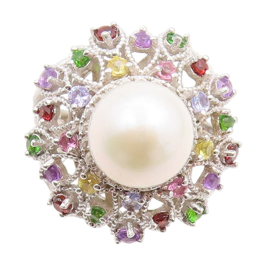 925 Sterling Silver Vintage Ring Multi Colored Gemstone Halo Band  Sz 5  RG33725