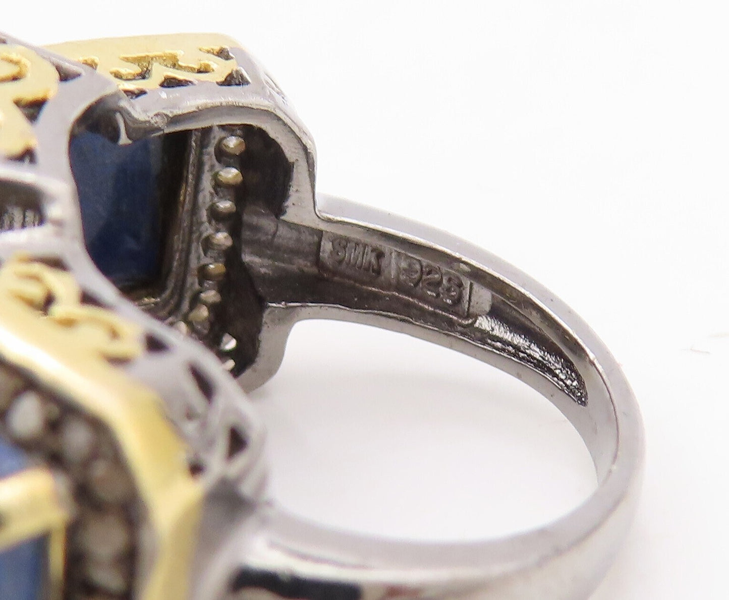 925 Sterling Silver Vintage Ring Diamonds & Rectangle Cut Gemstone Sz 7  RG30888