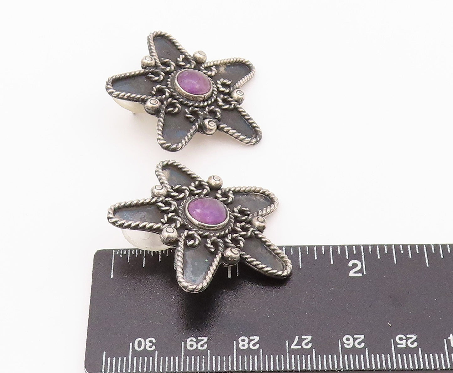 925 Sterling Silver Vintage Earrings MEXICO Cabochon Amethyst Star  EG13478
