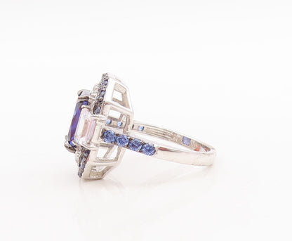 925 Sterling Silver Vintage Ring Rectangle Cut Blue White CZ Inlay Sz 7  RG29550