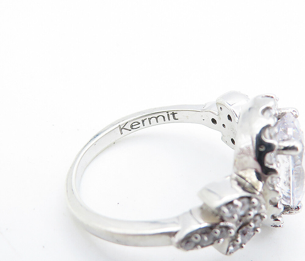 KERMIT 925 Silver  Cubic Zirconia Solitaire With Accents Ring Sz 6  RG7062