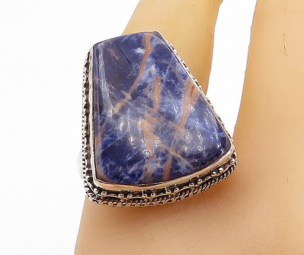 925 Sterling Silver  Sodalite Swirl Border Shiny Cocktail Ring Sz 10  RG8130