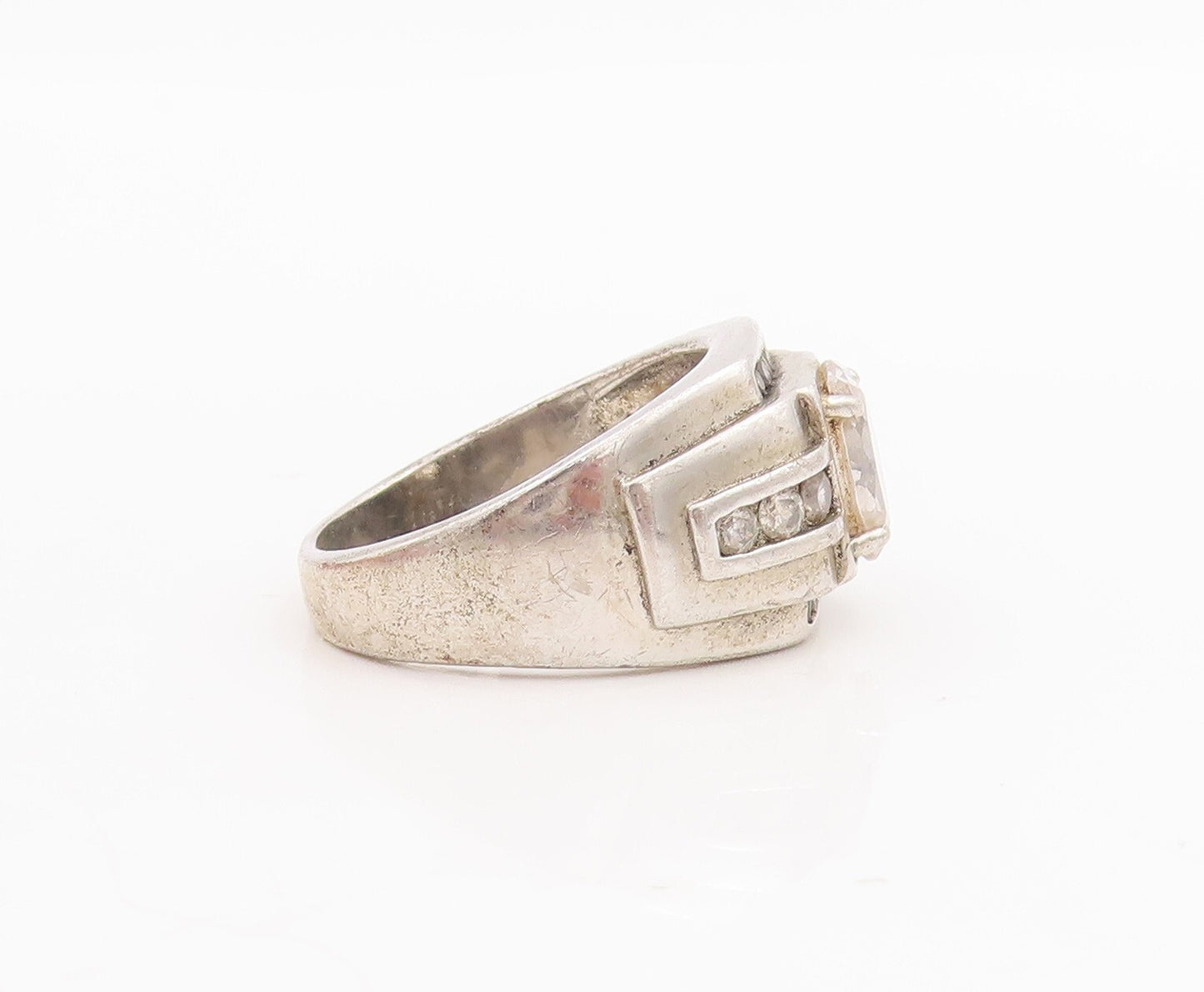 925 Sterling Silver Vintage Ring Round Cut CZ Halo CZ Band Inlay  Sz 8.5 RG28663