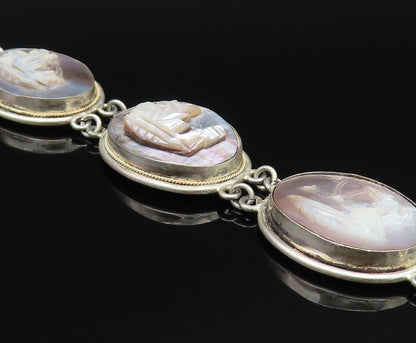 925 Silver  Vintage Carved Mother Of Pearl Sailboat Scenery Bracelet  BT9676