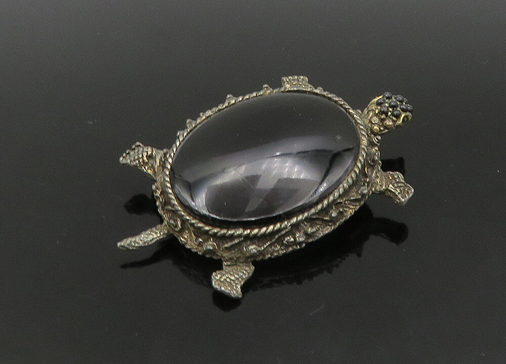 925 Sterling Silver  Vintage Black Onyx Sea Turtle Motif Brooch Pin  BP8924