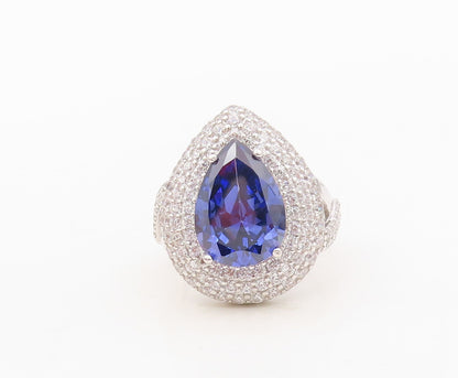 925 Sterling Silver Vintage Ring Drop Cut Sapphire Halo CZ Inlay  Sz 7  RG30509