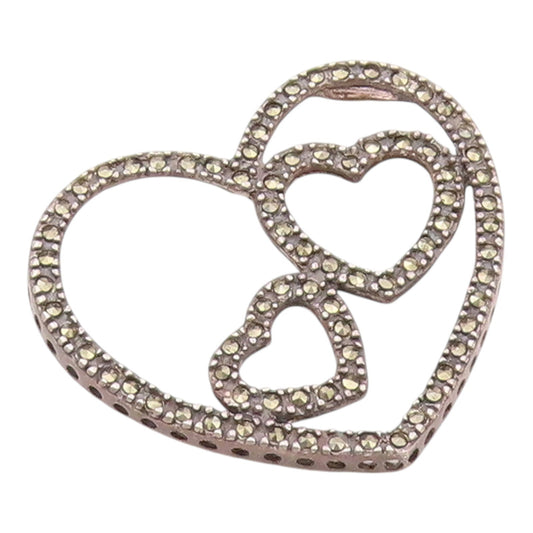 925 Sterling Silver  Vintage Triple Open Love Heart Marcasite Pendant  PT20045