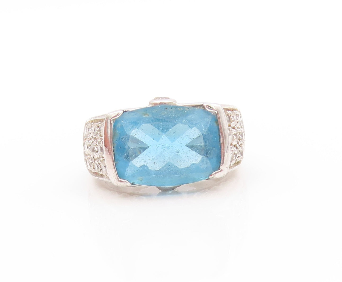 925 Sterling Silver Vintage Ring Designer Rectangle Blue & White CZ Sz 7 RG32892