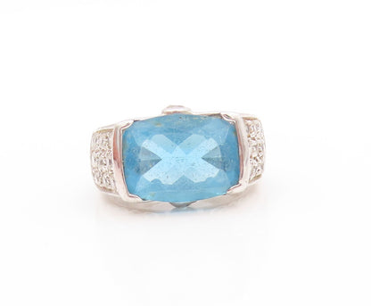 925 Sterling Silver Vintage Ring Designer Rectangle Blue & White CZ Sz 7 RG32892