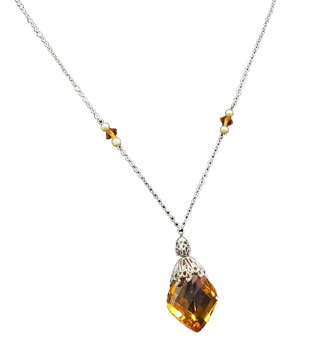 925 Sterling Silver  Vintage Twisted Citrine & Cultured Pearl Necklace  NE3900