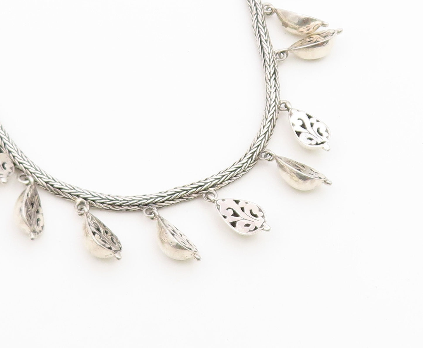 925 Sterling Silver Vintage Necklace Classic Foxtail Chain With Droplets  NE4891