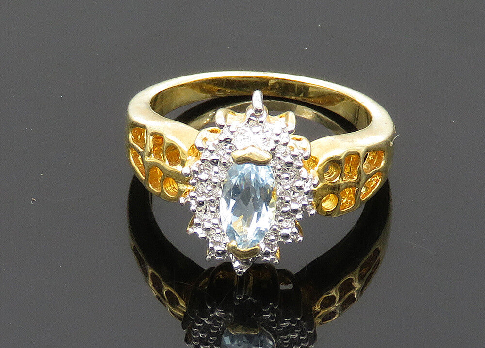 925 Sterling Silver  Blue Topaz Two Tone Shiny Floral Band Ring Sz 6  RG20335