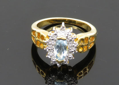 925 Sterling Silver  Blue Topaz Two Tone Shiny Floral Band Ring Sz 6  RG20335