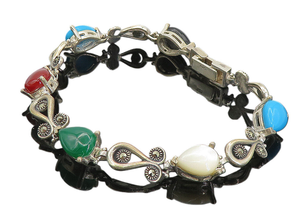 925 Silver  Vintage Turquoise Mother Of Pearl Onyx & Carnelian Bracelet BT3681