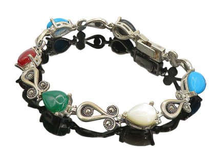925 Silver  Vintage Turquoise Mother Of Pearl Onyx & Carnelian Bracelet BT3681