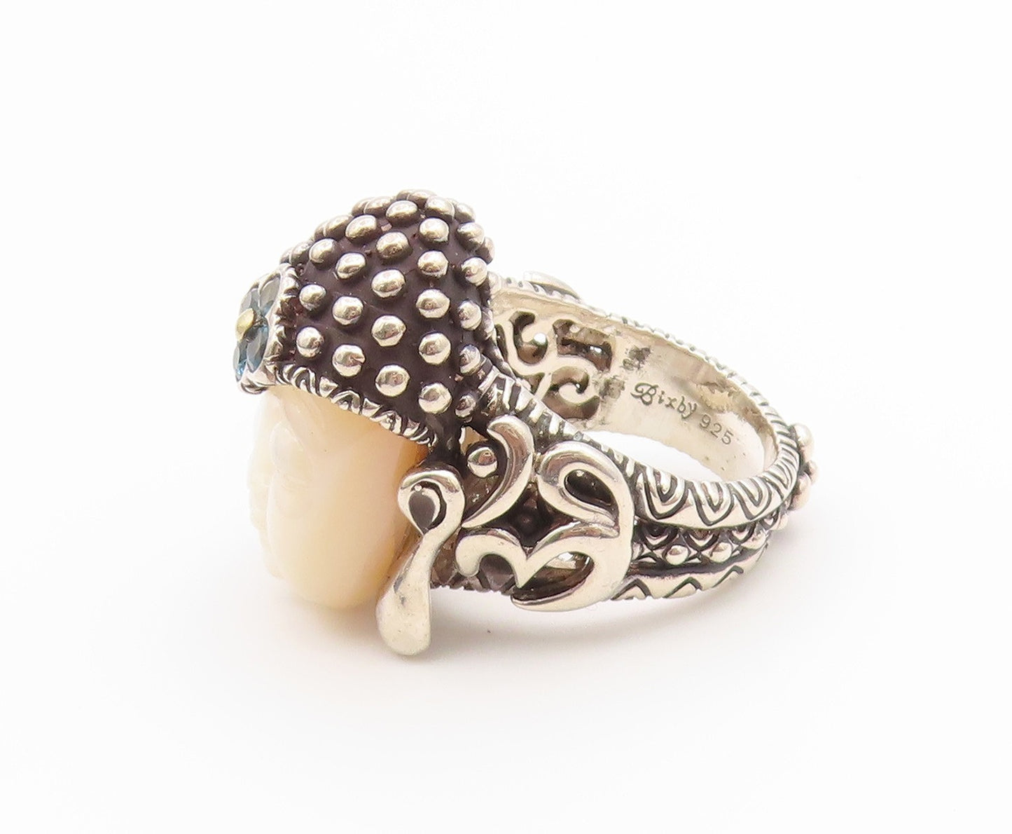 18k Gold & 925 Sterling Silver Vintage Ring BIXBY Mother OF Pearl Sz 4.5 RG36682