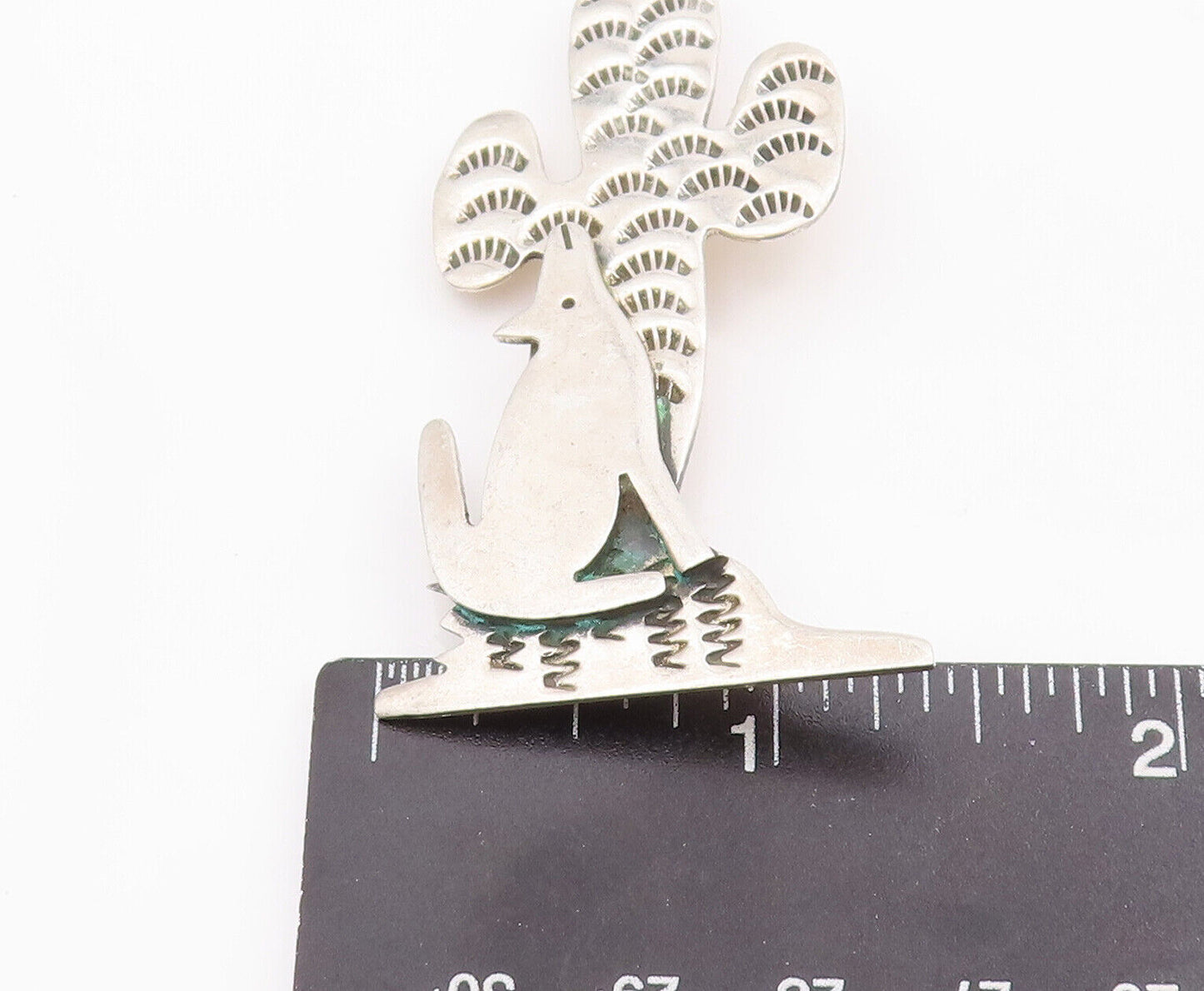 925 Sterling Silver Vintage Brooch Pin Southwestern Wolf & Cactus BP10945