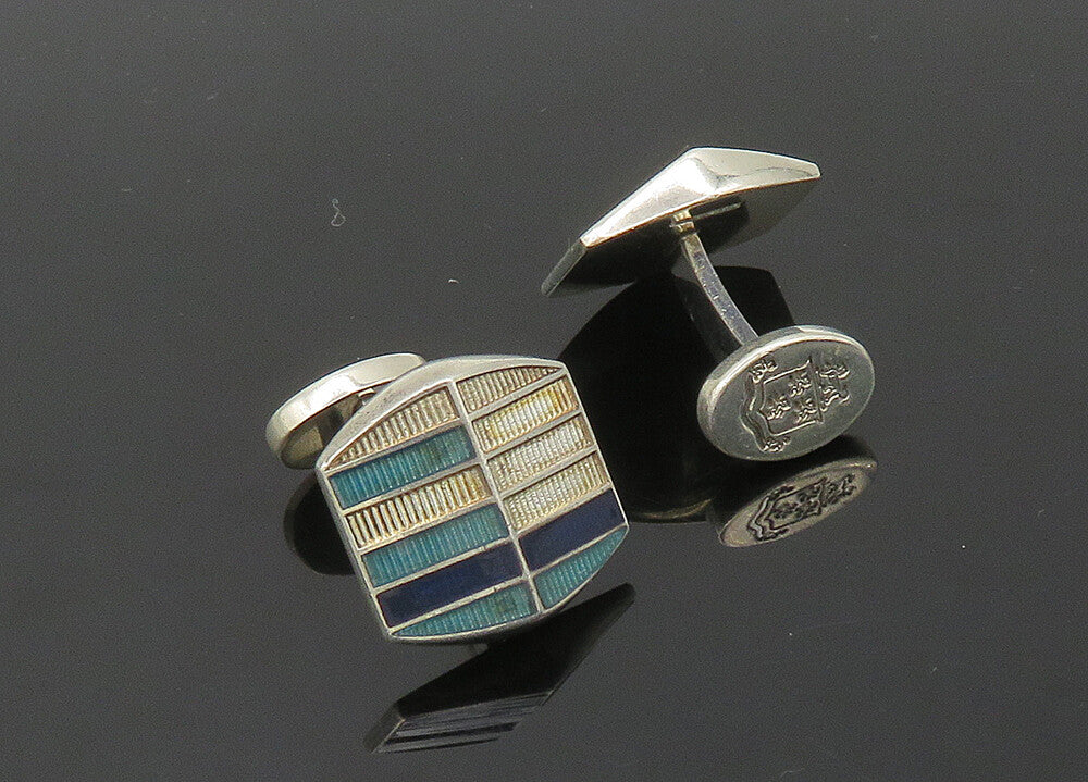 BRITISH 925 Sterling Silver  Vintage Enamel Detail Shiny Cufflinks  TR2826