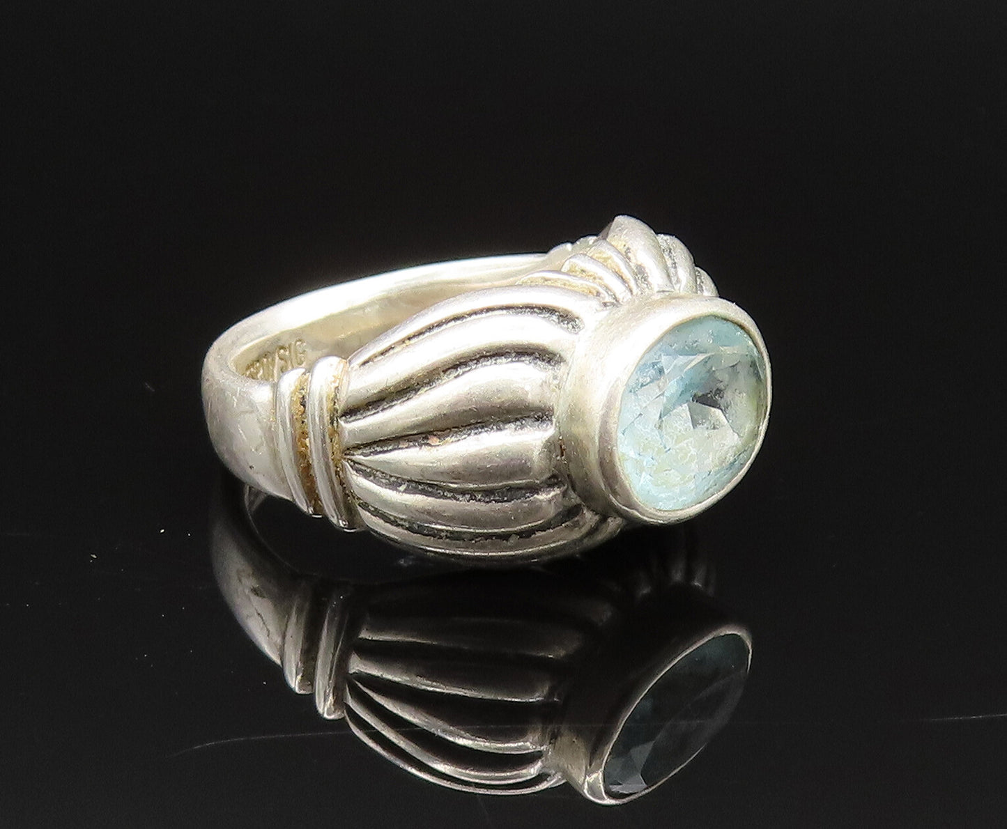 ESPO SIG 925 Silver  Vintage Oval Aquamarine Ribbed Dome Ring Sz 7.5  RG25671
