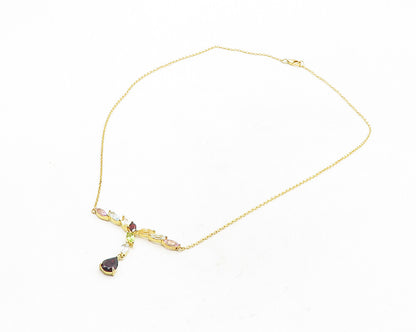 925 Sterling Silver Garnet & Multi Stone Gold Plated Chain Necklace NE1946