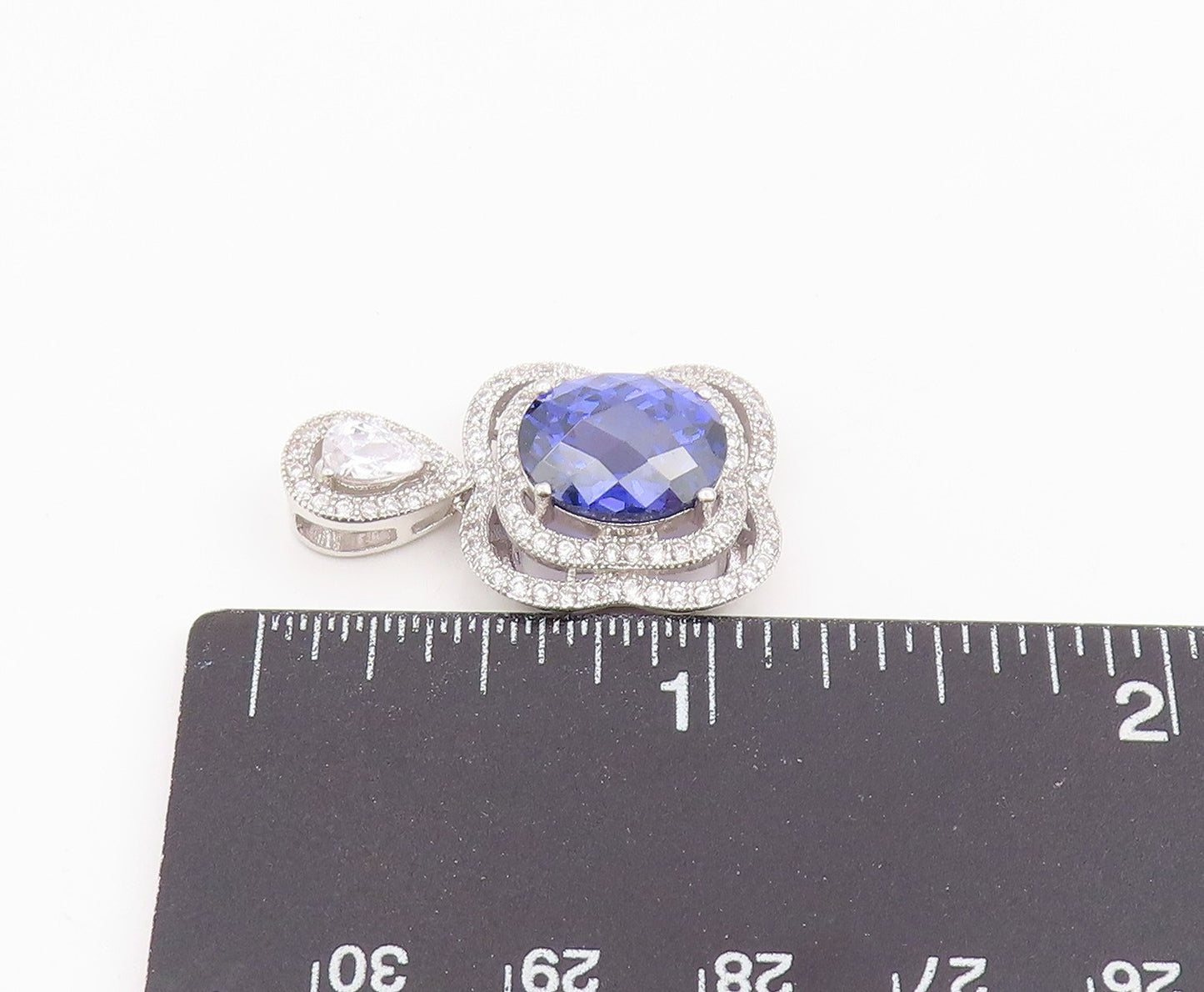 925 Sterling Silver Vintage Pendant CELINE F  Tanzanite Halo CZ Charm  PT25945