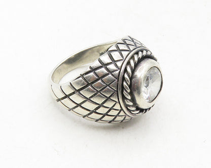 925 Sterling Silver  Vintage Cubic Zirconia Etched Cocktail Ring Sz 8  RG9633