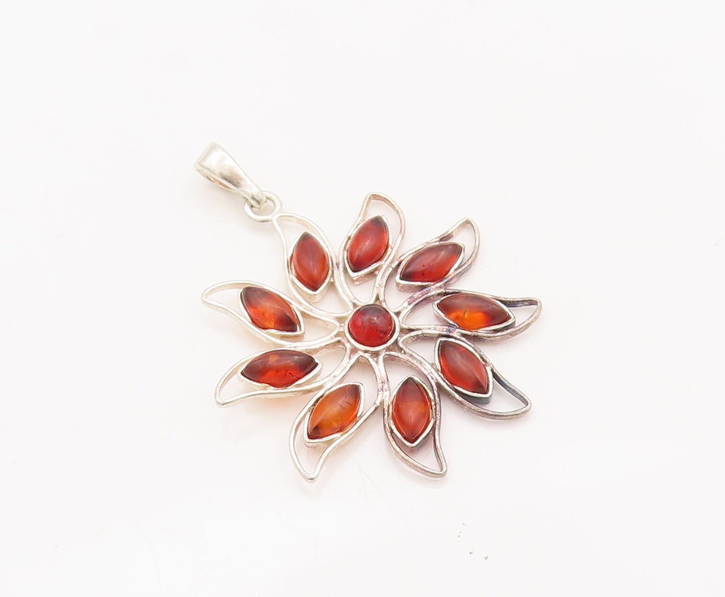 925 Sterling Silver Vintage Pendant Cutout Cabochon Amber Flower  PT23405