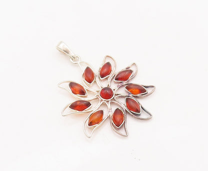 925 Sterling Silver Vintage Pendant Cutout Cabochon Amber Flower  PT23405