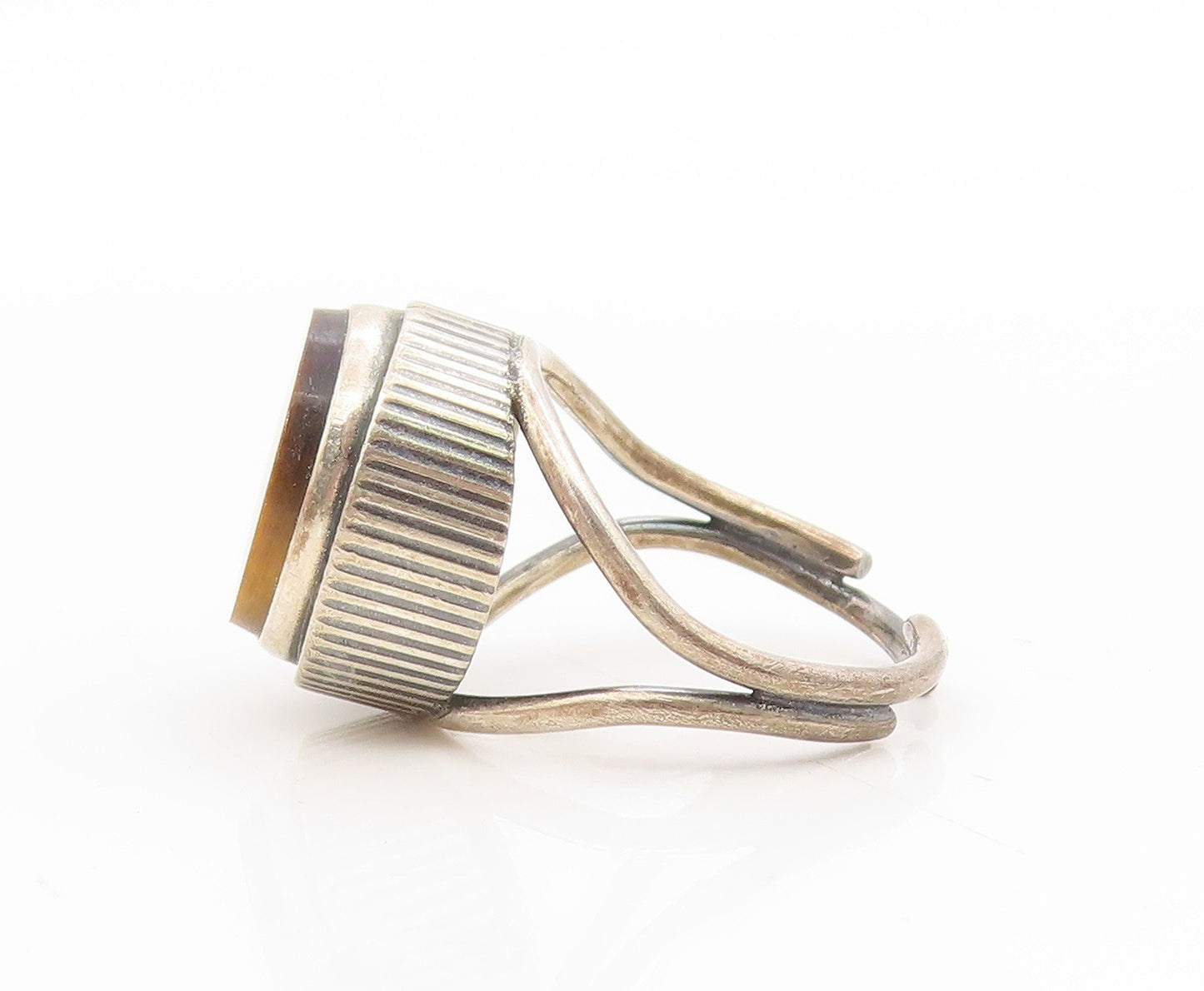 925 Sterling Silver Vintage Ring Round Tiger's Eye Modernist Band Sz 7.5 RG34669