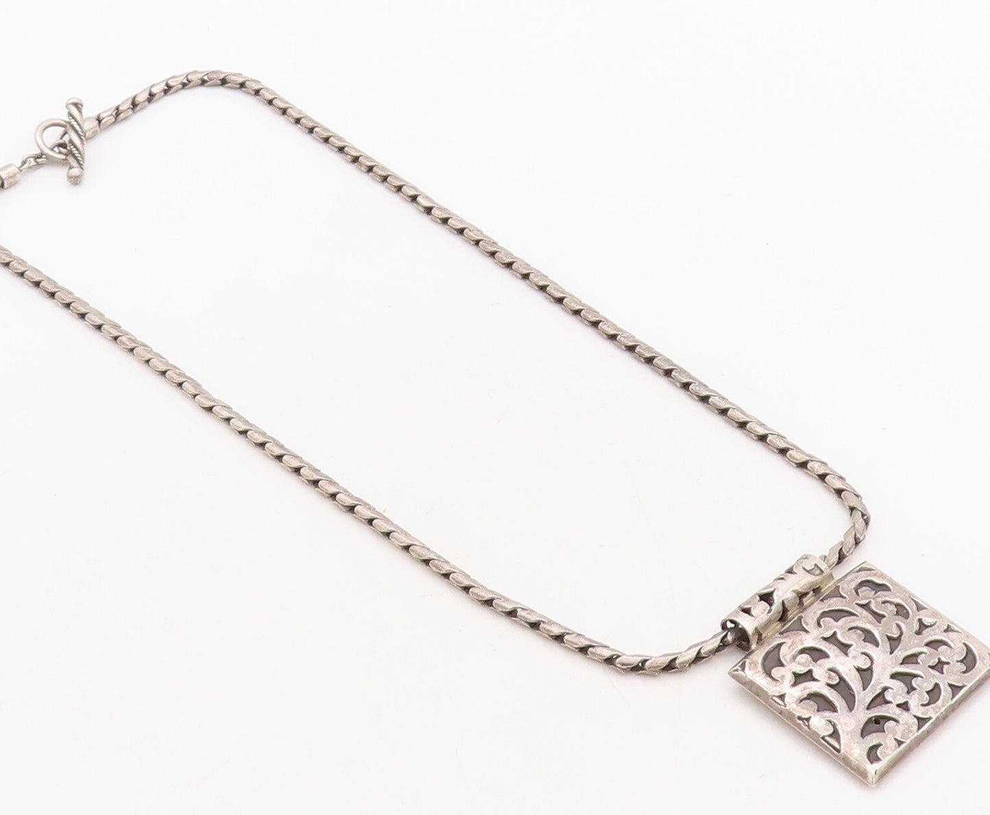925 Sterling Silver Vintage Necklace Dark Tone Swirly Carved Square  NE4385