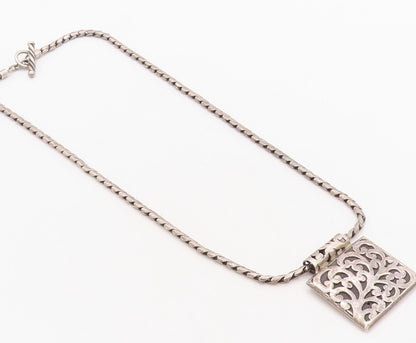 925 Sterling Silver Vintage Necklace Dark Tone Swirly Carved Square  NE4385