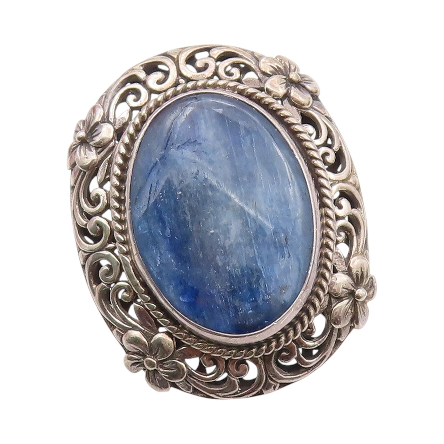 925 Sterling Silver Vintage Ring Oval Gemstone Floral Carved  SZ 6.5  RG32080
