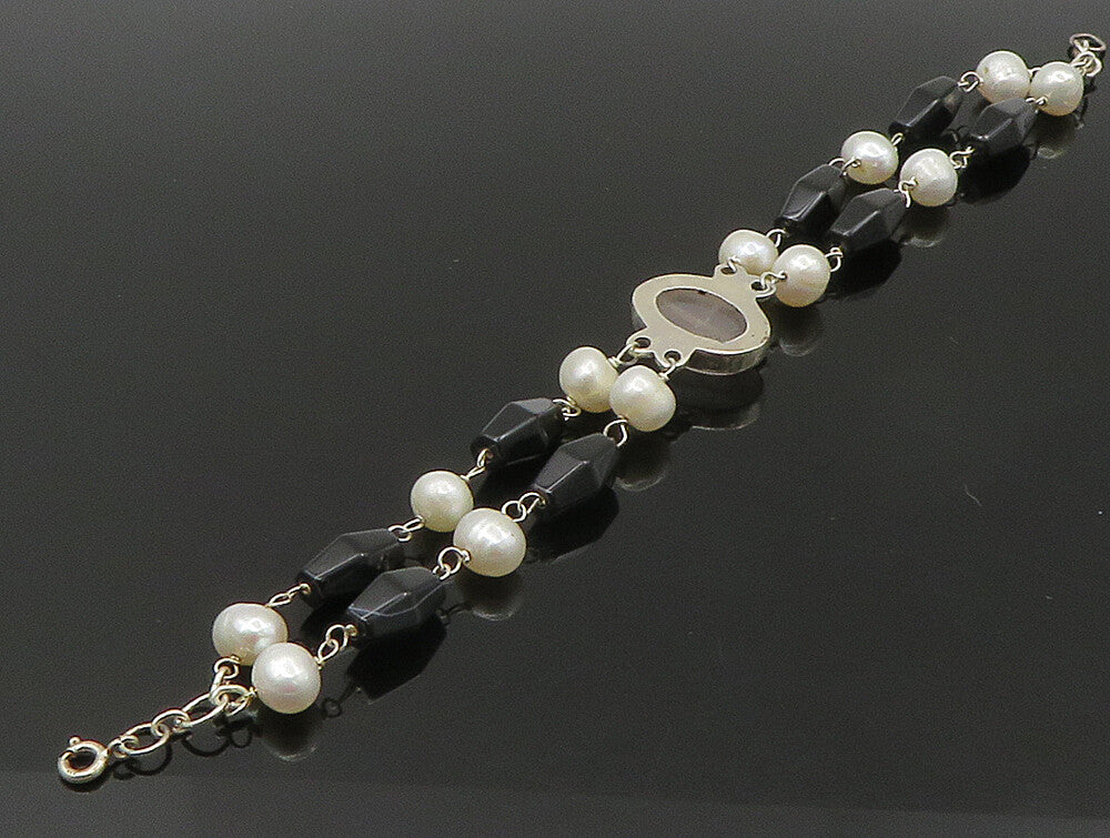 925 Sterling Silver  Rose Quartz & Freshwater Pearls Chain Bracelet  BT1164