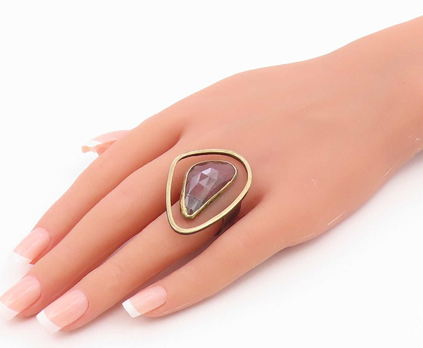 925 Sterling Silver Vintage Ring Modernist Faceted Ruby Band  Sz 8  RG36554