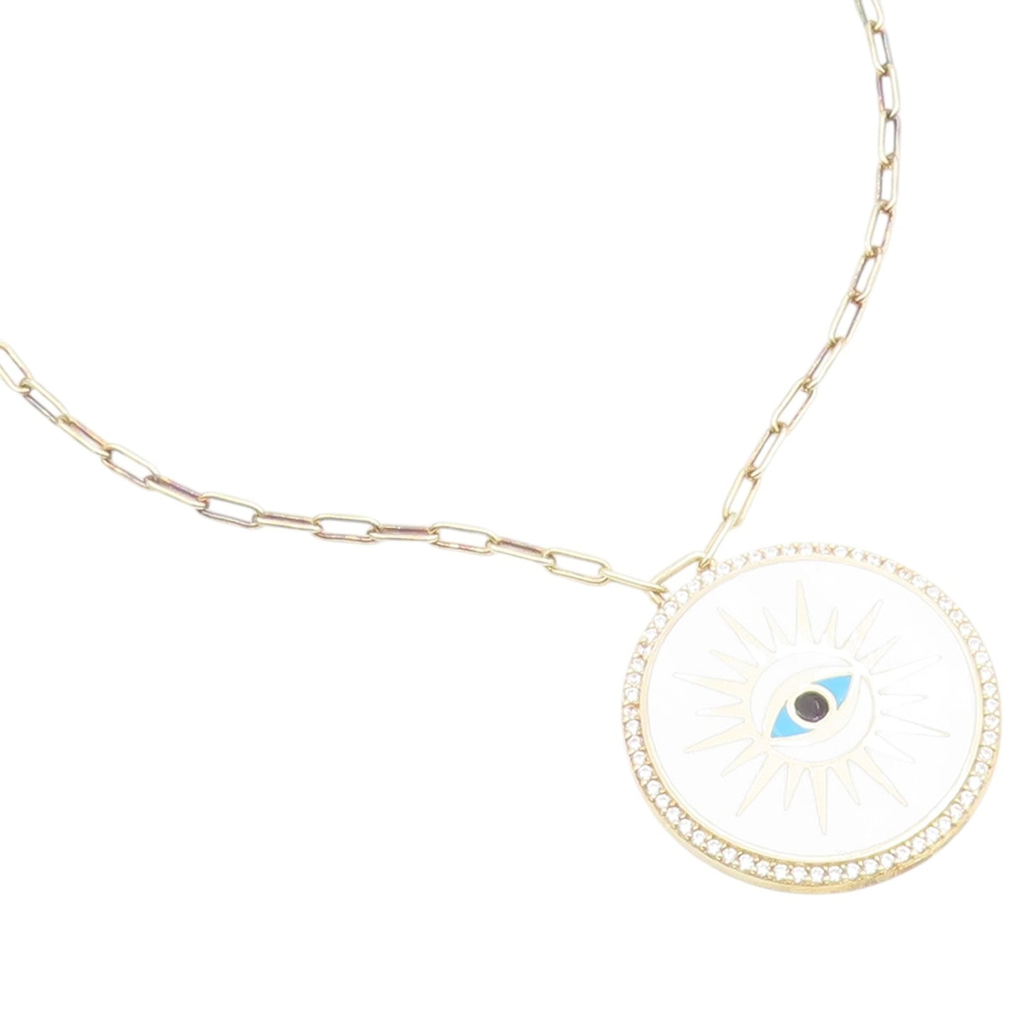 925 Sterling Silver Vintage Necklace Gold Plated CZ Enamel Evil Eye Medal NE4929