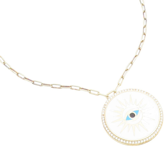 925 Sterling Silver Vintage Necklace Gold Plated CZ Enamel Evil Eye Medal NE4929