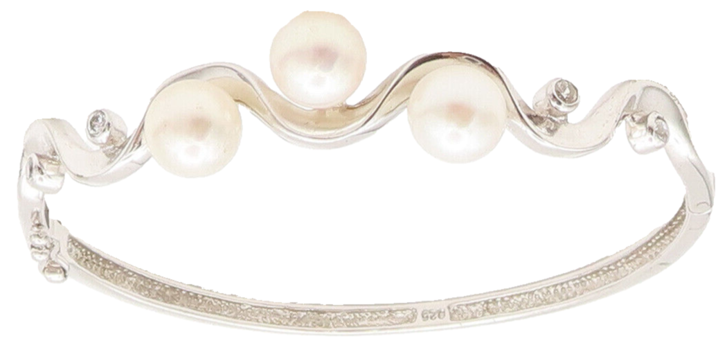 925 Sterling Silver  Vintage Pearl Topaz Beaded On Wave Cuff Bracelet  BT10062