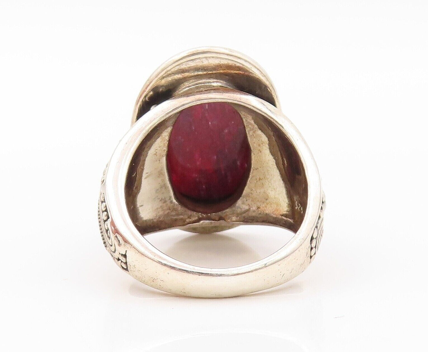 925 Sterling Silver Vintage Ring Oval Red Gemstone Halo Beaded  Sz 8.5  RG30201