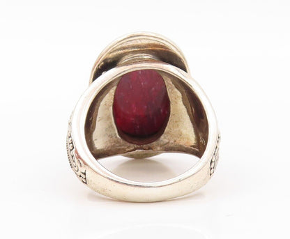 925 Sterling Silver Vintage Ring Oval Red Gemstone Halo Beaded  Sz 8.5  RG30201