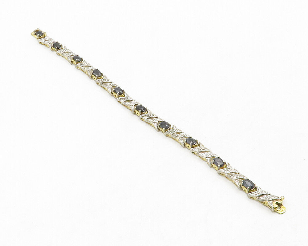 925 Sterling Silver  Sapphire & Genuine Diamonds 2 Tone Chain Bracelet  BT5116