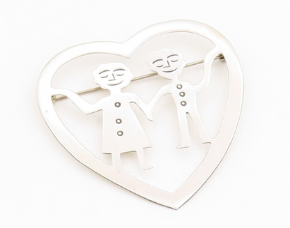 925 Sterling Silver Vintage Brooch Happy Couple Holding Hands Love Pin  BP11989