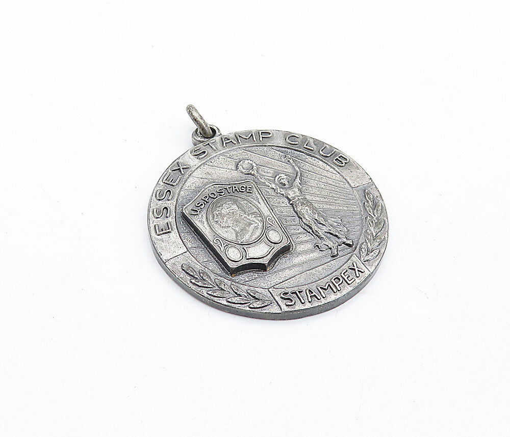 925 Sterling Silver  Vintage Antique Oxidized Essex Stamp Club Pendant  PT4820