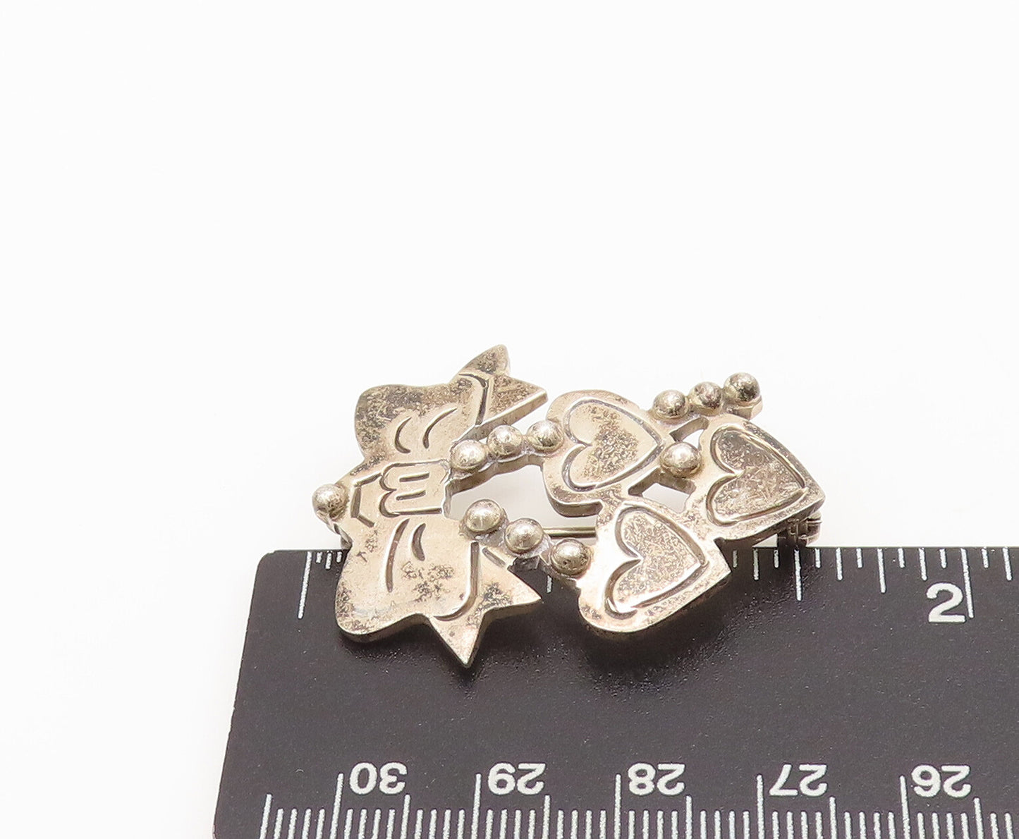 925 Sterling Silver Vintage Brooch Pin MEXICO Bow Dangling Beaded Hearts BP10533