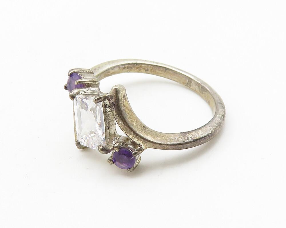 925 Sterling Silver  Vintage Cubic Zirconia & Amethyst Band Ring Sz 8  RG10530