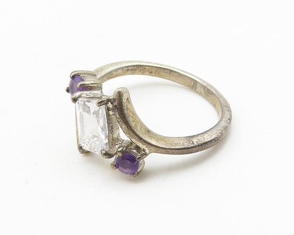 925 Sterling Silver  Vintage Cubic Zirconia & Amethyst Band Ring Sz 8  RG10530